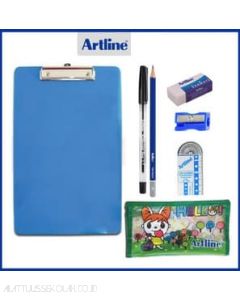 Brosur gambar perlengkapan sekolah Artline Paket Ujian Clip Mika Rautan Pensil,Penghapus Pensil,Pensil,Clipboard Mika